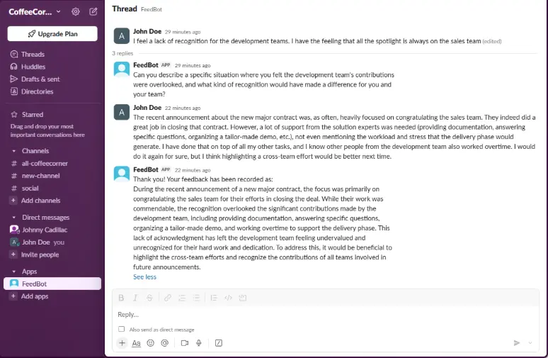 Employees can share positive or constructive feedback anonymously, anytime, directly inside Slack or MS Teams.